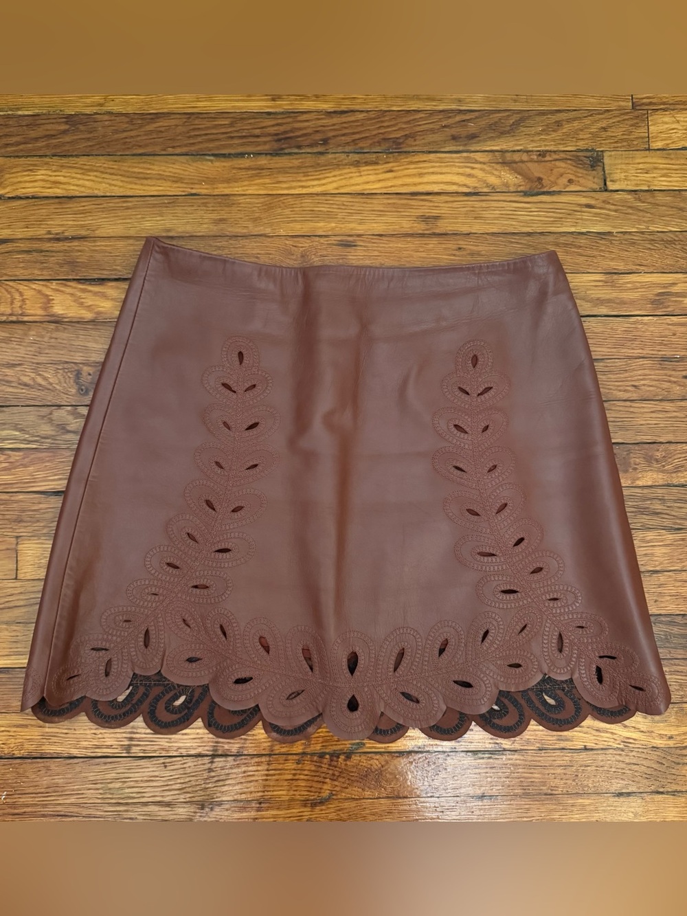Tanya Taylor Brown Laser-Cut Leather Mini Skirt